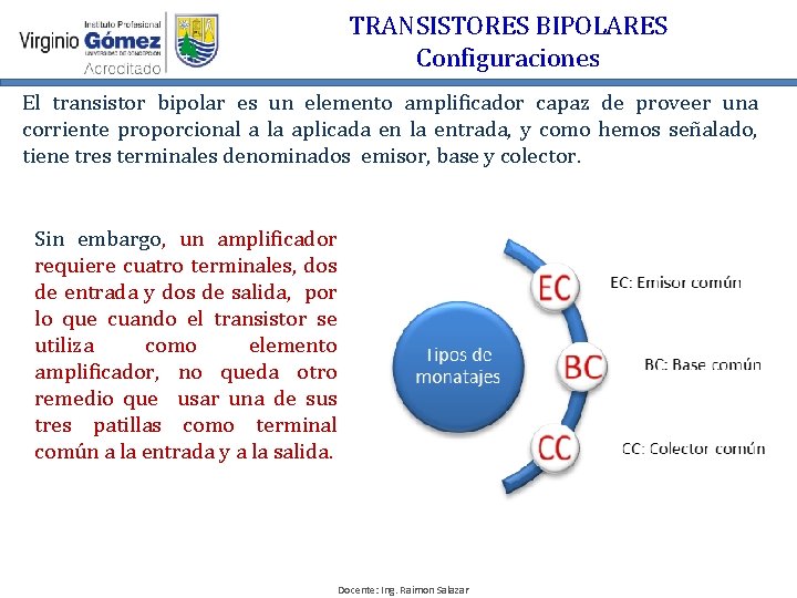TRANSISTORES BIPOLARES Configuraciones El transistor bipolar es un elemento amplificador capaz de proveer una