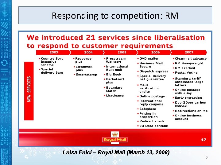 Responding to competition: RM Luisa Fulci – Royal Mail (March 13, 2008) 5 