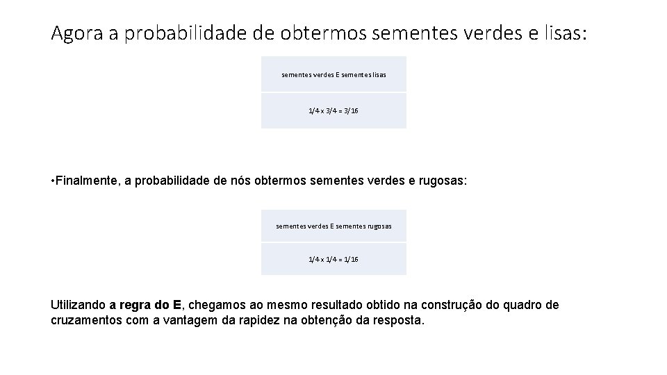 Agora a probabilidade de obtermos sementes verdes e lisas: sementes verdes E sementes lisas