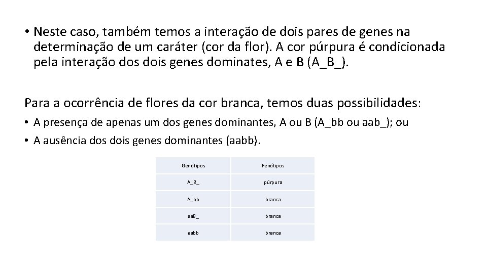  • Neste caso, também temos a interação de dois pares de genes na
