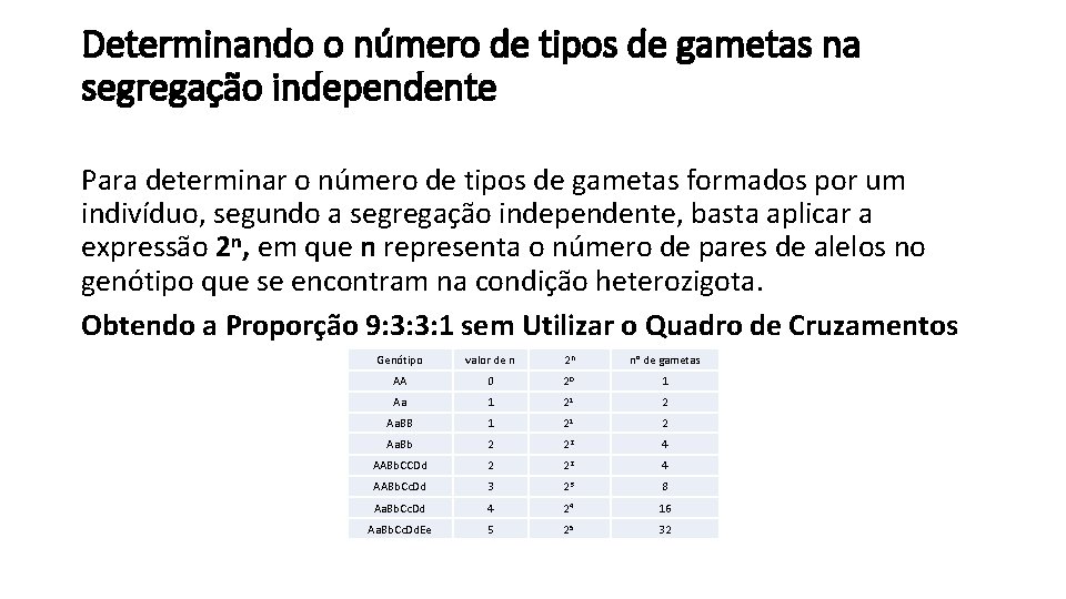 Determinando o número de tipos de gametas na segregação independente Para determinar o número