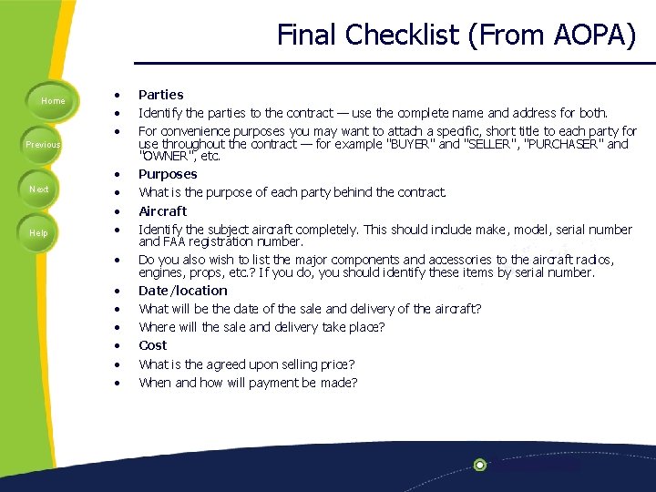 Final Checklist (From AOPA) Home • • • Previous Next Help • • •