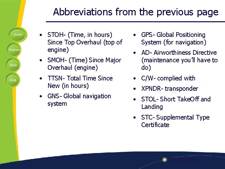 Abbreviations from the previous page Home Previous Next Help • STOH- (Time, in hours)