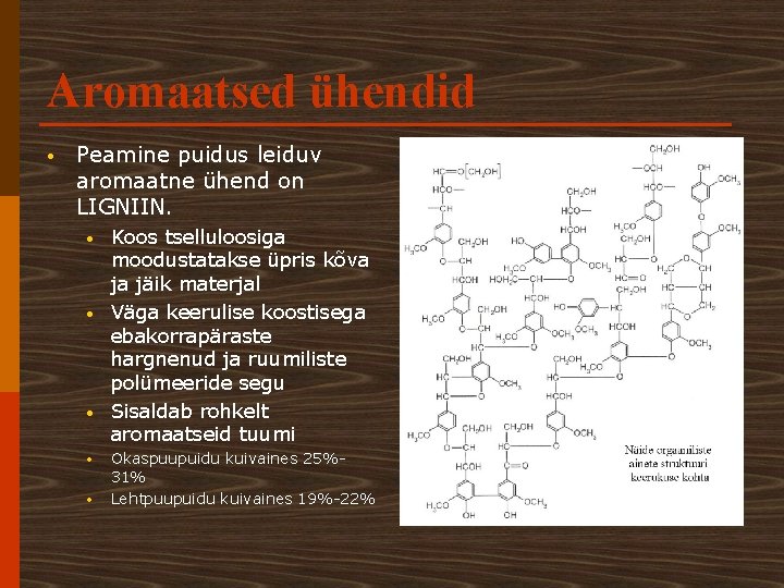 Aromaatsed ühendid • Peamine puidus leiduv aromaatne ühend on LIGNIIN. • • • Koos