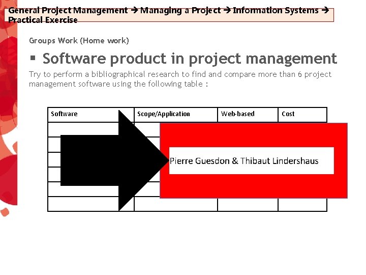 General Project Management Managing a Project Information Systems Practical Exercise Groups Work (Home work)