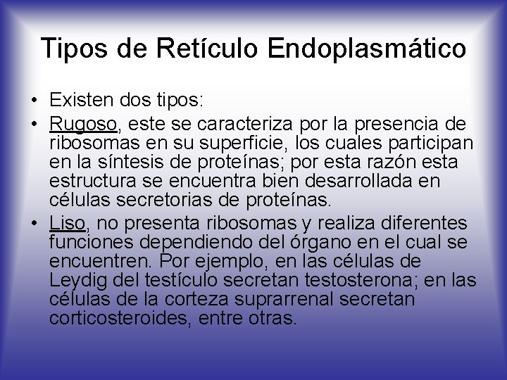 Tipos de Retículo Endoplasmático • Existen dos tipos: • Rugoso, este se caracteriza por