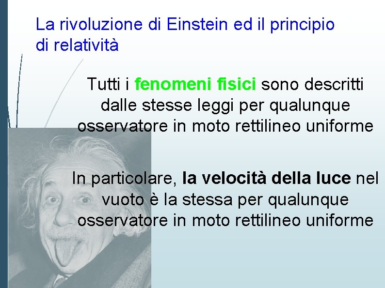 La rivoluzione di Einstein ed il principio di relatività Tutti i fenomeni fisici sono