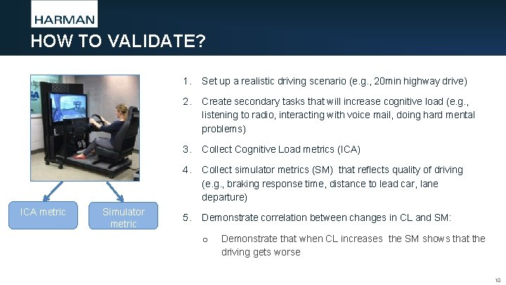 HOW TO VALIDATE? ICA metric Simulator metric 1. Set up a realistic driving scenario HOW TO VALIDATE? ICA metric Simulator metric 1. Set up a realistic driving scenario