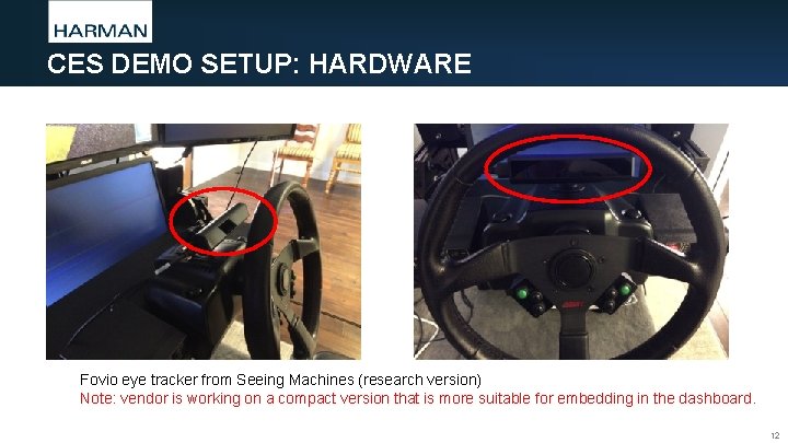 CES DEMO SETUP: HARDWARE Fovio eye tracker from Seeing Machines (research version) Note: vendor CES DEMO SETUP: HARDWARE Fovio eye tracker from Seeing Machines (research version) Note: vendor