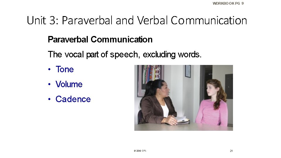 WORKBOOK PG 9 Unit 3: Paraverbal and Verbal Communication Paraverbal Communication The vocal part