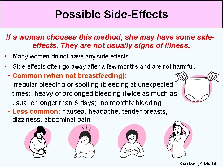 Possible Side-Effects If a woman chooses this method, she may have some sideeffects. They