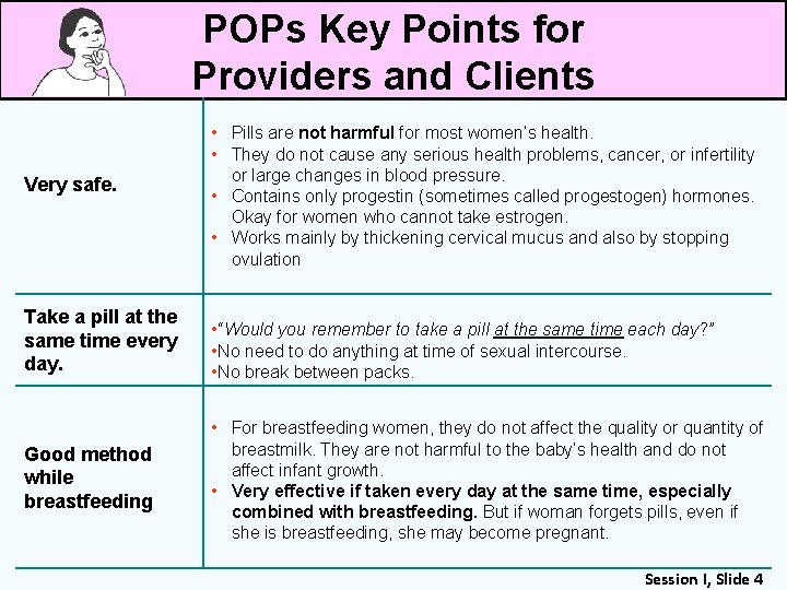 POPs Key Points for Providers and Clients Very safe. Take a pill at the