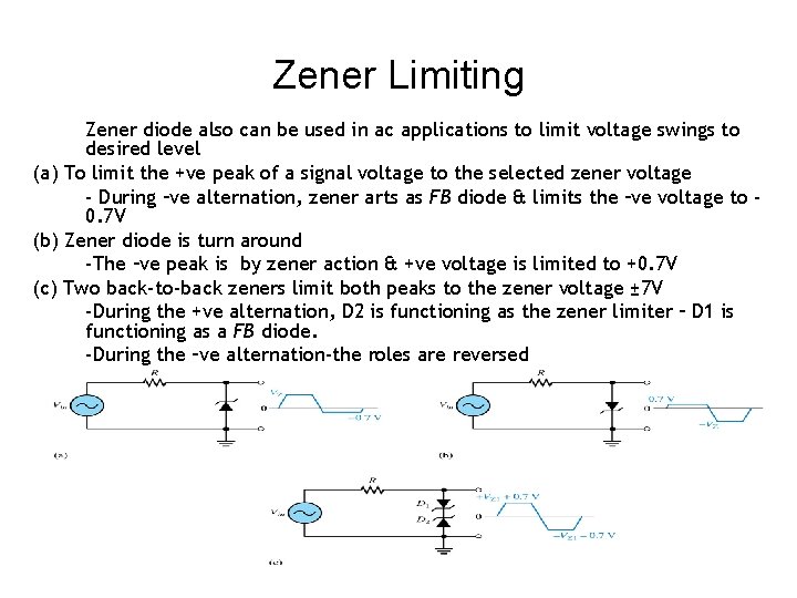 Zener Limiting Zener diode also can be used in ac applications to limit voltage