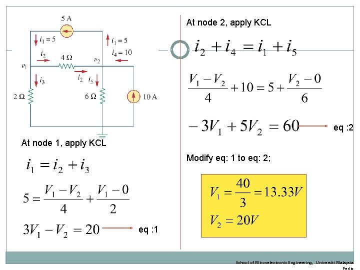 At node 2, apply KCL eq : 2 At node 1, apply KCL Modify