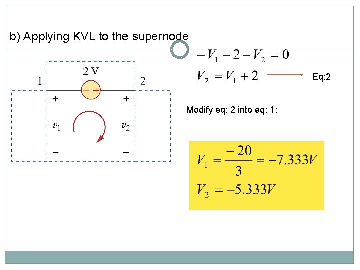 b) Applying KVL to the supernode Eq: 2 Modify eq: 2 into eq: 1;