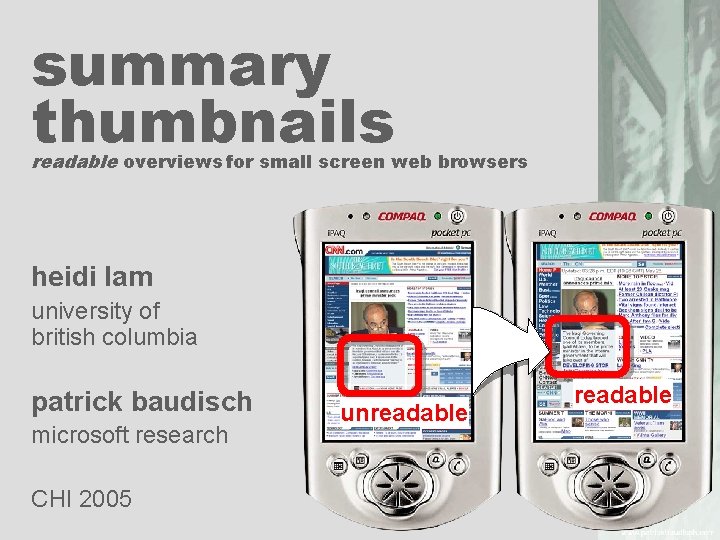 summary thumbnails readable overviews for small screen web browsers heidi lam university of british