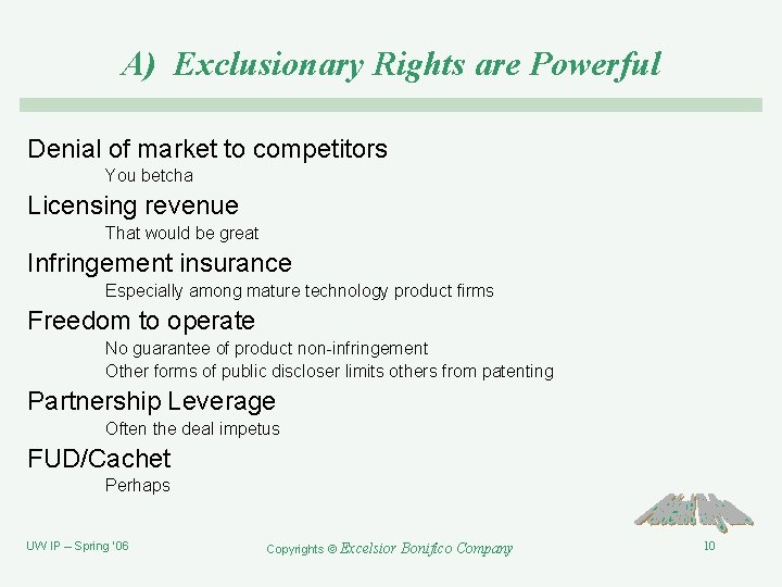 A) Exclusionary Rights are Powerful Denial of market to competitors You betcha Licensing revenue
