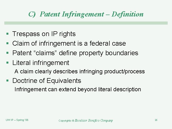 C) Patent Infringement – Definition § § Trespass on IP rights Claim of infringement