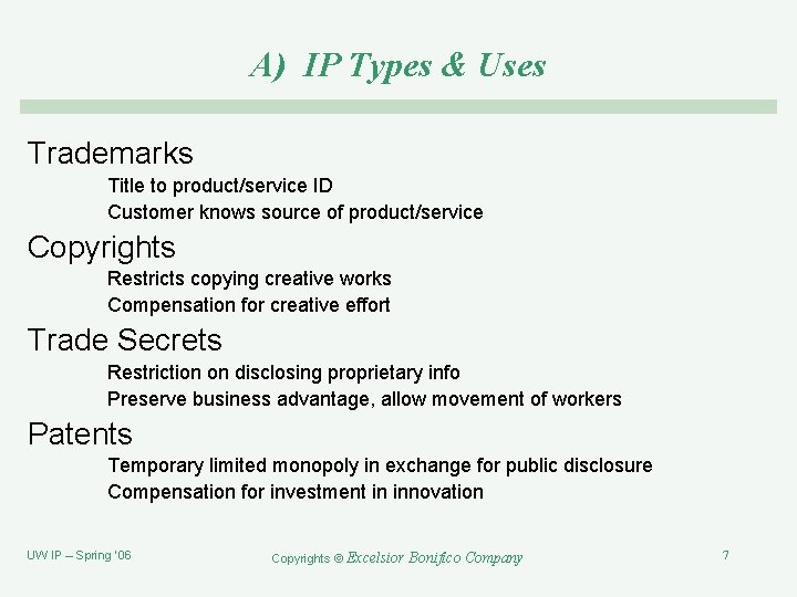 A) IP Types & Uses Trademarks Title to product/service ID Customer knows source of