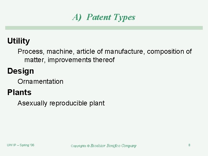 A) Patent Types Utility Process, machine, article of manufacture, composition of matter, improvements thereof