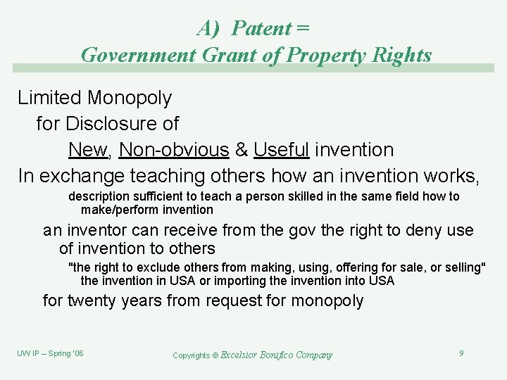 A) Patent = Government Grant of Property Rights Limited Monopoly for Disclosure of New,
