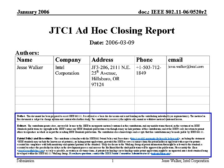 January 2006 doc. : IEEE 802. 11 -06/0520 r 2 JTC 1 Ad Hoc