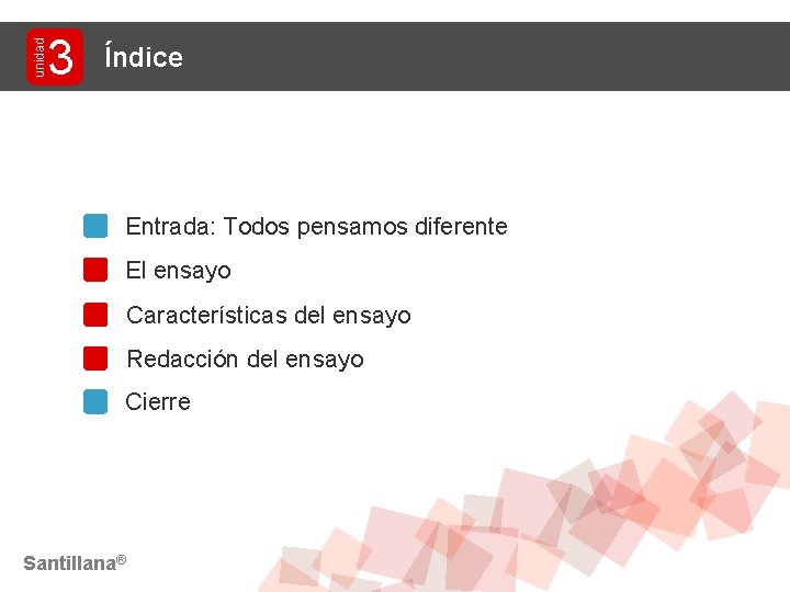 unidad 3 Índice Entrada: Todos pensamos diferente El ensayo Características del ensayo Redacción del