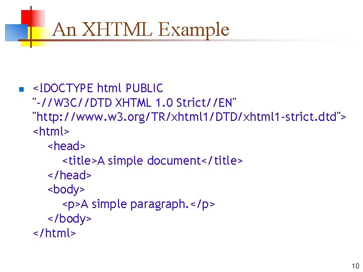 An XHTML Example n <!DOCTYPE html PUBLIC "-//W 3 C//DTD XHTML 1. 0 Strict//EN"