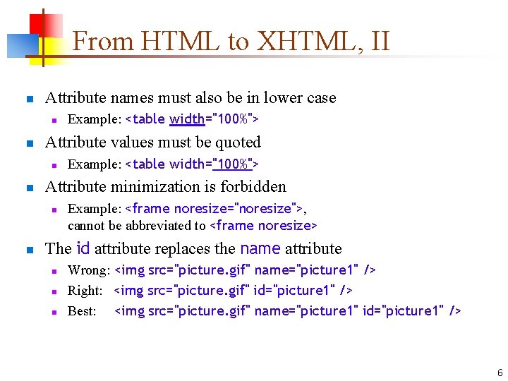 From HTML to XHTML, II n Attribute names must also be in lower case