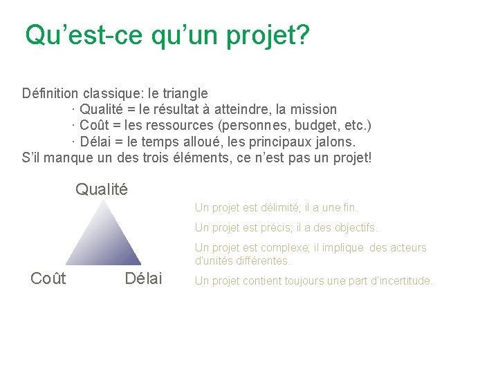 Qu’est-ce qu’un projet? Définition classique: le triangle · Qualité = le résultat à atteindre,