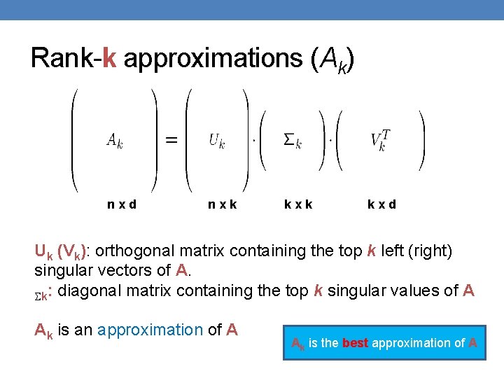 Rank-k approximations (Ak) nxd nxk kxd Uk (Vk): orthogonal matrix containing the top k