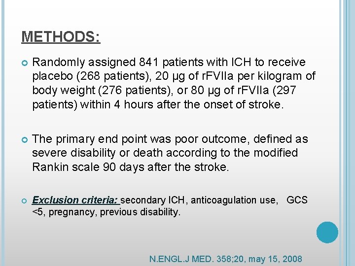 METHODS: Randomly assigned 841 patients with ICH to receive placebo (268 patients), 20 μg