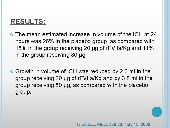 RESULTS: The mean estimated increase in volume of the ICH at 24 hours was