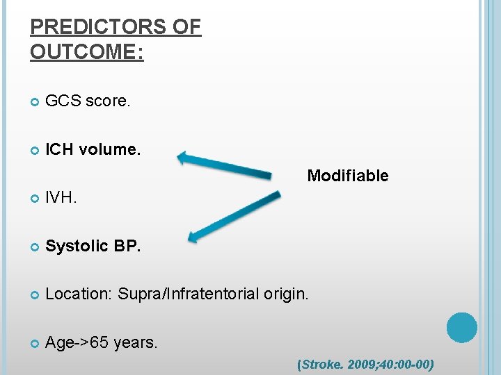 PREDICTORS OF OUTCOME: GCS score. ICH volume. Modifiable IVH. Systolic BP. Location: Supra/Infratentorial origin.