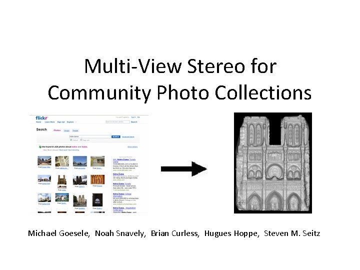 Multi-View Stereo for Community Photo Collections Michael Goesele, Noah Snavely, Brian Curless, Hugues Hoppe,