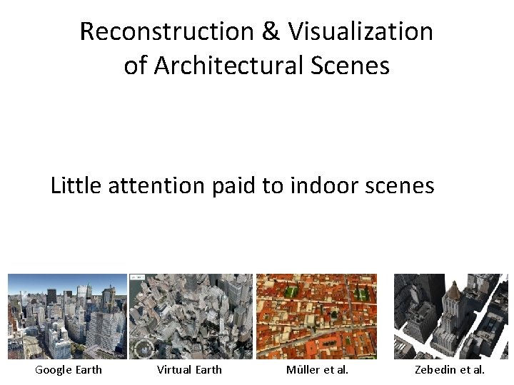 Reconstruction & Visualization of Architectural Scenes Little attention paid to indoor scenes Google Earth