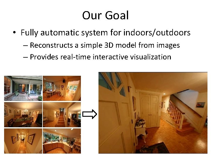 Our Goal • Fully automatic system for indoors/outdoors – Reconstructs a simple 3 D