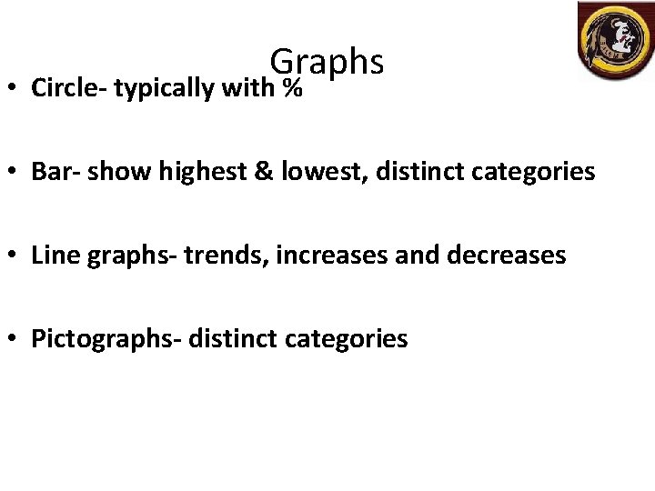 Graphs • Circle- typically with % • Bar- show highest & lowest, distinct categories