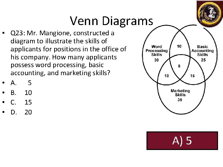 Venn Diagrams • Q 23: Mr. Mangione, constructed a diagram to illustrate the skills