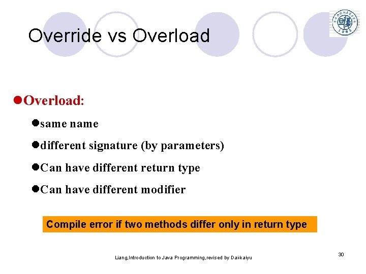 Override vs Overload l. Overload: lsame name ldifferent signature (by parameters) l. Can have