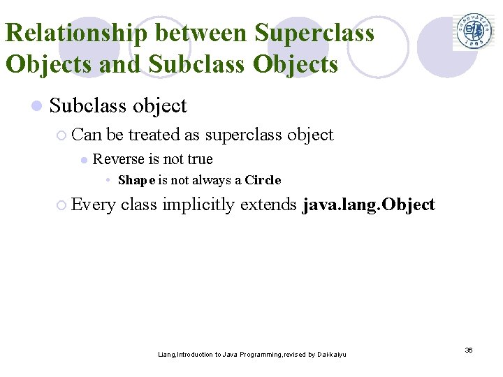 Relationship between Superclass Objects and Subclass Objects l Subclass ¡ Can l object be