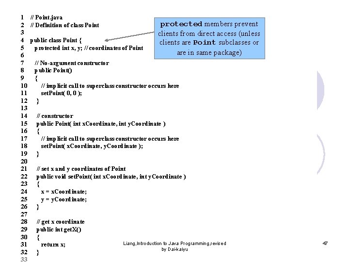 1 // Point. java protected members prevent 2 // Definition of class Point 3