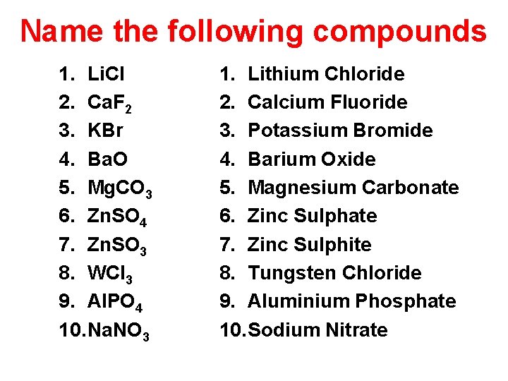 Name the following compounds 1. Li. Cl 2. Ca. F 2 3. KBr 4.