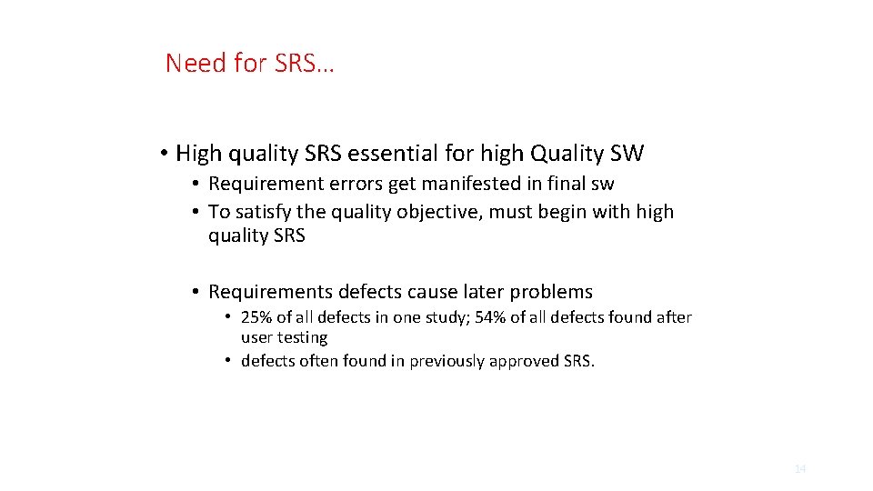 Need for SRS… • High quality SRS essential for high Quality SW • Requirement