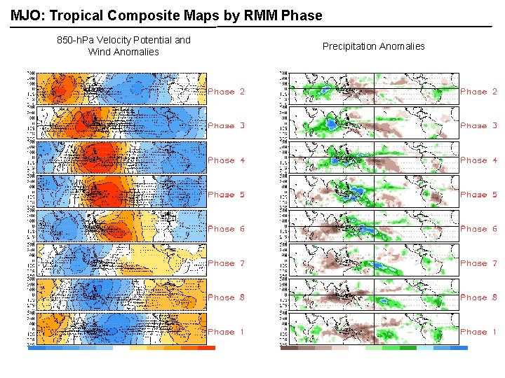 MJO: Tropical Composite Maps by RMM Phase 850 -h. Pa Velocity Potential and Wind