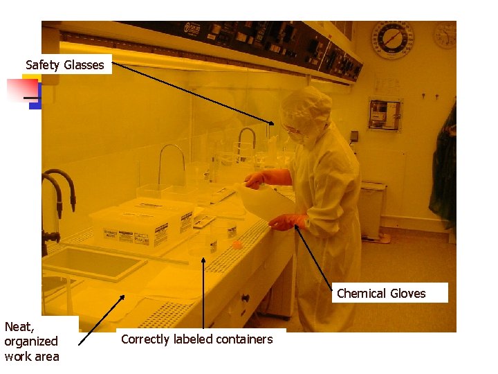 Safety Glasses Chemical Gloves Neat, organized work area Correctly labeled containers 