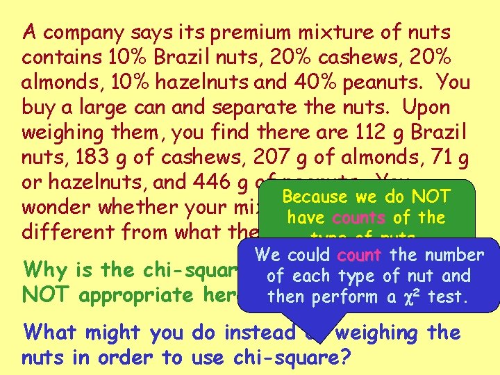 A company says its premium mixture of nuts contains 10% Brazil nuts, 20% cashews,