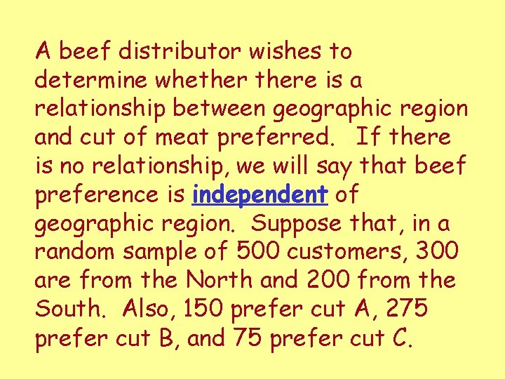 A beef distributor wishes to determine whethere is a relationship between geographic region and