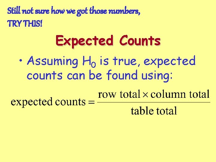 Still not sure how we got those numbers, TRY THIS! Expected Counts • Assuming