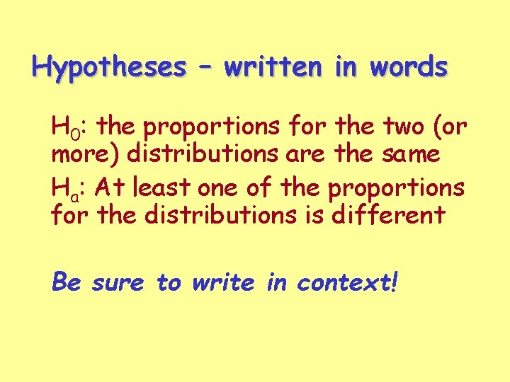 Hypotheses – written in words H 0: the proportions for the two (or more)